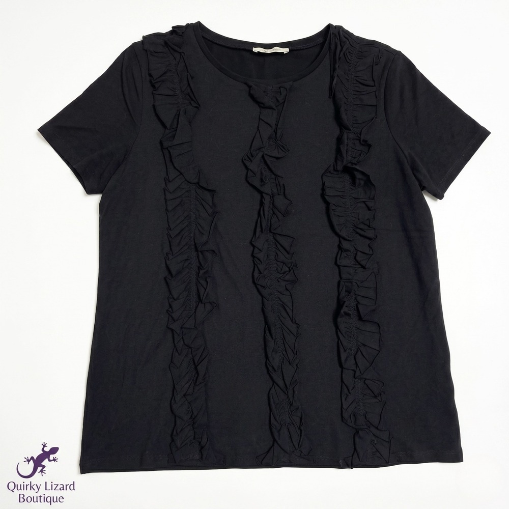Zara Trafaluc Ruffle Front Tee Womens Medium Black Short Sleeve Cotton Knit Top